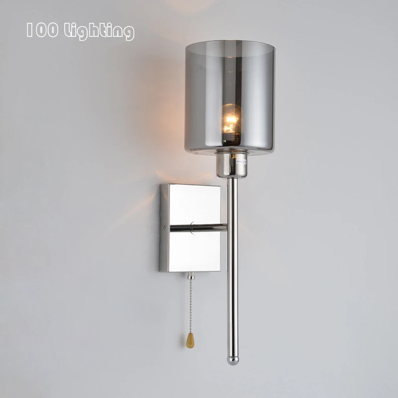 Modern Chrome Metal Gray Glass Wall Lights With Switch Living Room Aisle Sconce Bedside Lighting Fixtures E27 110-240V | Освещение