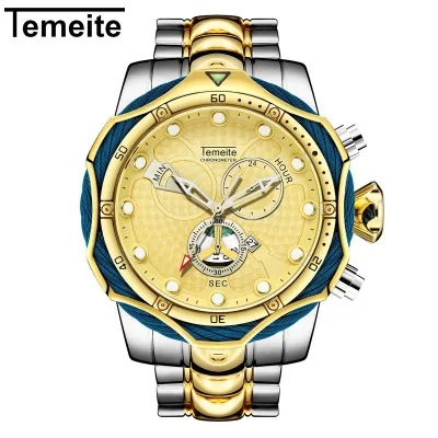Роскошный бренд TEMEITE мужские часы дизайн золотые кварцевые часы полностью стальные большие часы водонепроницаемые наручные часы Relogio Masculino - Цвет: 3