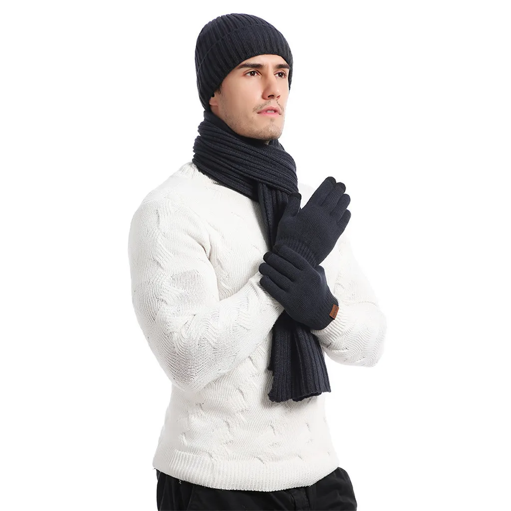 3 шт./компл. шапка шарф перчатки наборы унисекс Зимние теплые толстые шапочки шапки+ толстый флис трикотажные уплотнительное кольцо шарф+ теплые перчатки для работы с сенсорным экраном# G8