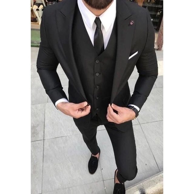 Traje negro de corte entallado para hombre, traje de fiesta de negocios inteligente, trajes de baile de graduación de 3 piezas, trajes de boda formales a medida para novio, Terno -