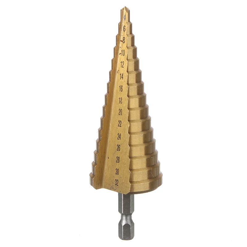 

1 Piece 4-32mm Hex Shank Titanium Coated Straight Step Cone Drill Bits 15 Step Drills Bit Hole Cutter Wood Drilling Tool