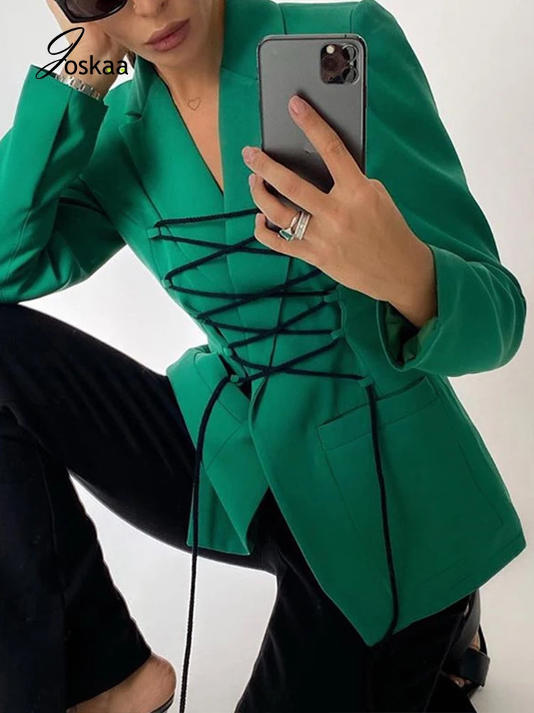

Joskaa Women Blazer Vintage Cross Straps Jacket Office Lady Bandage Suit Solid Deep V Neck Long Sleeve Solid Pocket Streetwear
