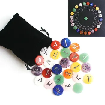 

25Pcs Natural Rune Stone Chakra Crystal Silver Fortune-telling Divination Agate Runes Stones Round Copper Metal Sticker Decor