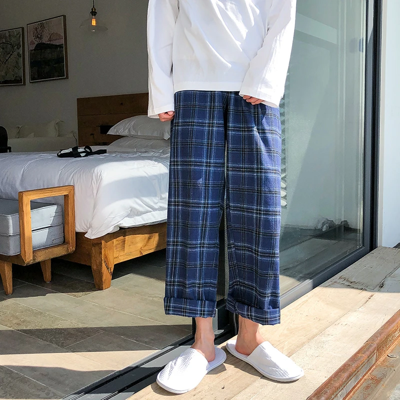 

Spring Drawstring Plaid Pants Men's Fashion Retro Casual Pants Men Streetwear Wild Hip Hop Loose Straight Trousers Mens S-2XL