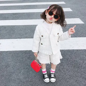 

Children Girl White Woven Clothes Sets 2020 Elegant Kids Girls Cardigan Coats Plaid Shorts 2Pcs Formal Party Clothes Sets 2-7Y