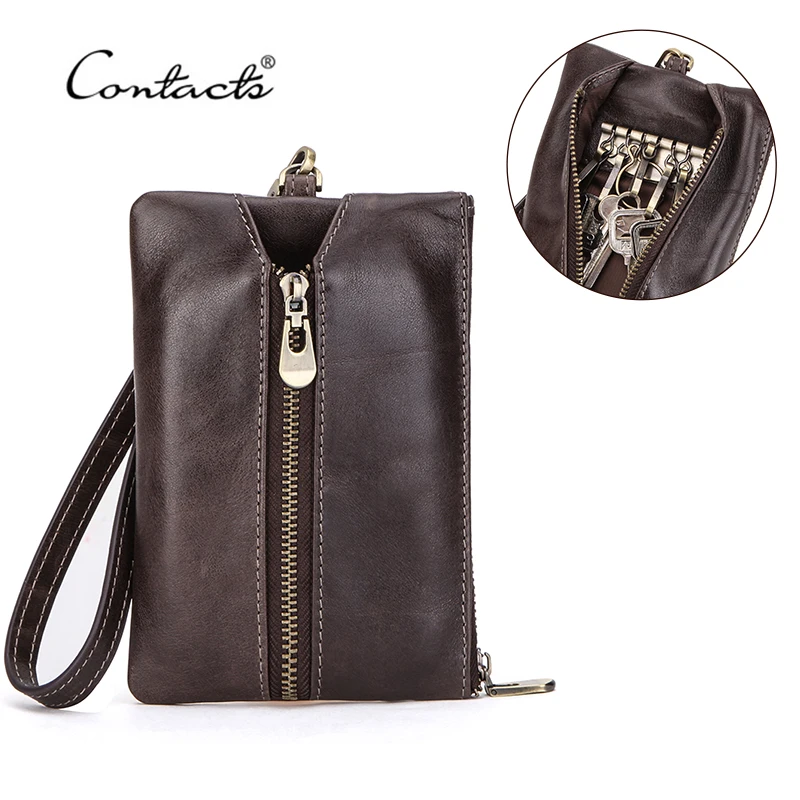 CONTACT'S Genuine Leather Key Wallet Multifunction Card Holder Coin Purse Housekeeper Small Keychain Unisex Keys Bag with Strap key case key holder key organizer key purse key protector