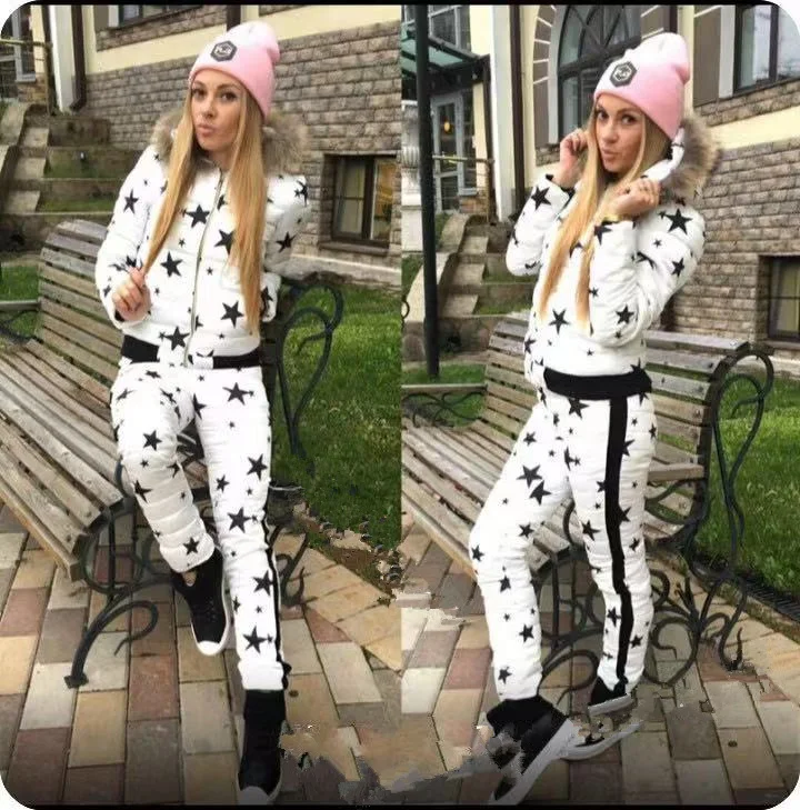 

Women Winter Star Pattern Coat Pants Set Fashion Parkas Fur Hooded Jumpersuit Coat Cotton Jacket Warm Thicken Set Women New