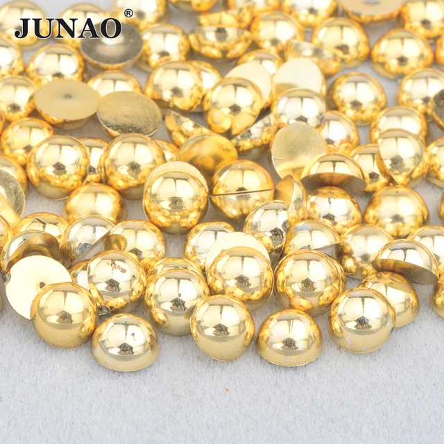 JUNAO 4 6 8 10 12mm Gold Flatback Pearls Half Round Rhinestone