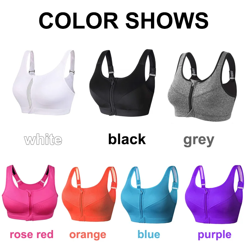 Women Sports Bra Yoga Gym Shirt Front Zipper Push Up Plus Size S-5XL