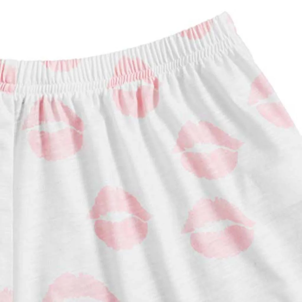 White Black Gray Ladies Women's Casual Lips eyelash Short T-Shirt Sleepwear Nightwear Pajama Set S/M/L/XL