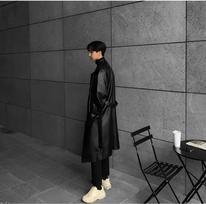 S-XL! Ретро мода Мужская дикая кожа Красивый Ветровка куртка Панк Личность длинный двубортный черный кожаный пиджак мужской