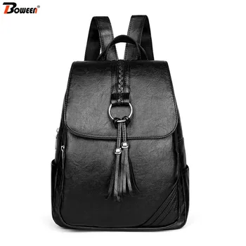 

Soft Pu Leather Female Backpack Women Black Ring Small Solid Tassel Backpack for Girl Teenage Youth Teens Bagpack High Quality