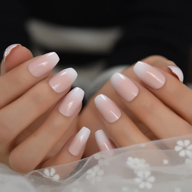 français ombre presse sur nail set blanc beige dégradé faux ongles