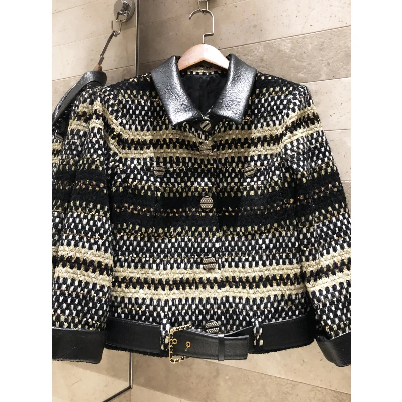 

Color matching plaid beaded sequins flip collar short coat high quality women's tweed woven Belt jacket silk lining