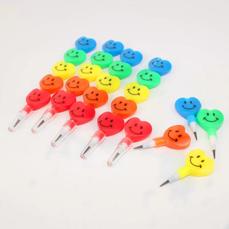 40 оптом в форме сердца улыбающийся Штабелируемый карандаш, ассортимент, штабелируемые пластиковые карандаши на день рождения, сумки с наполнителем, вечерние принадлежности