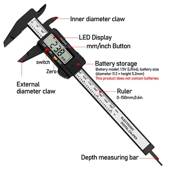 Calibrador Vernier Digital, 0-150mm, 6 pulgadas, LCD, Altímetro electrónico de fibra de carbono, micrómetro, herramienta de medición 1