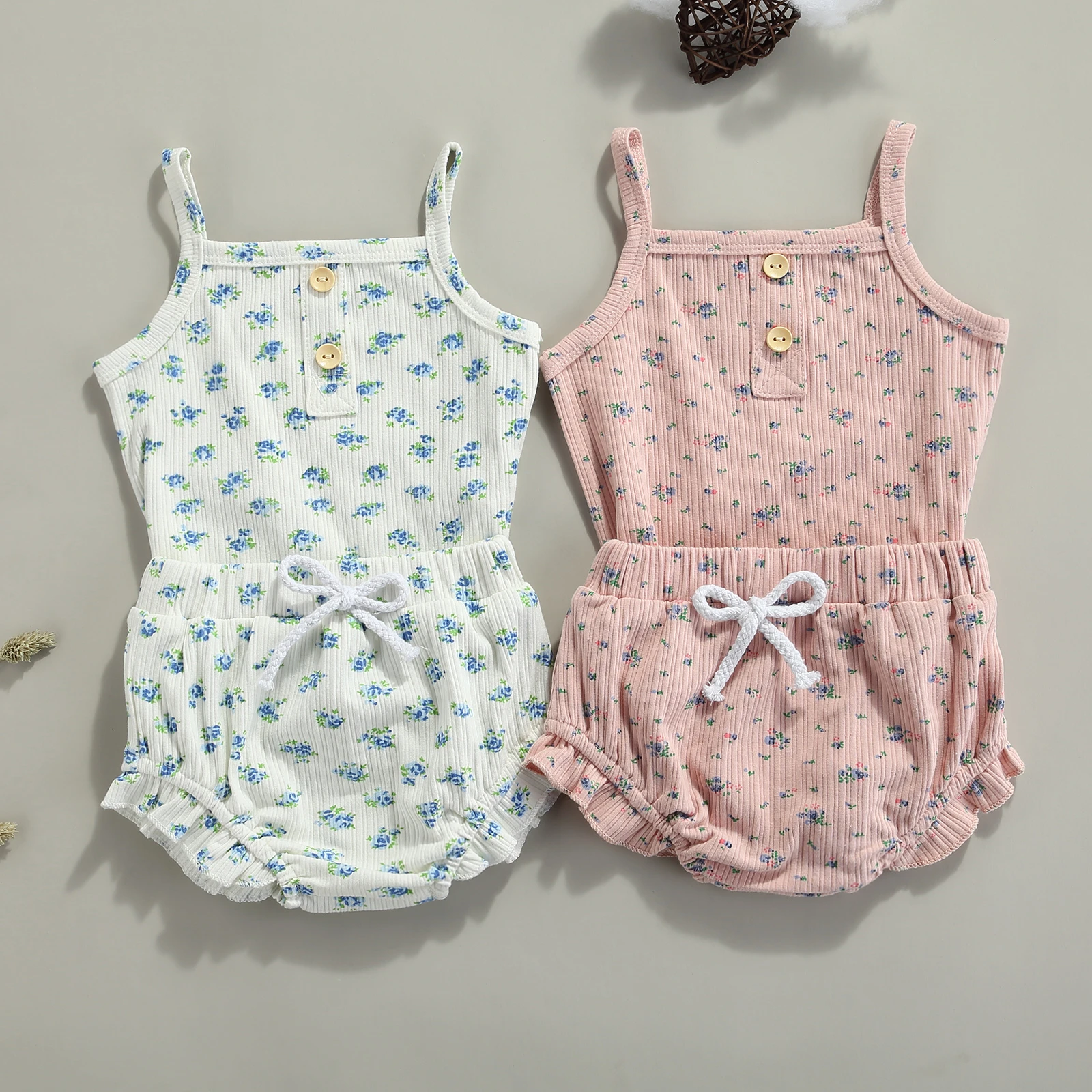 2 Pieces Kids Suit Set, Girls Flower Print Off Shoulder Sleeveless Romper+ Ruffled Short Pants, 0-18 Months baby dress set for girl