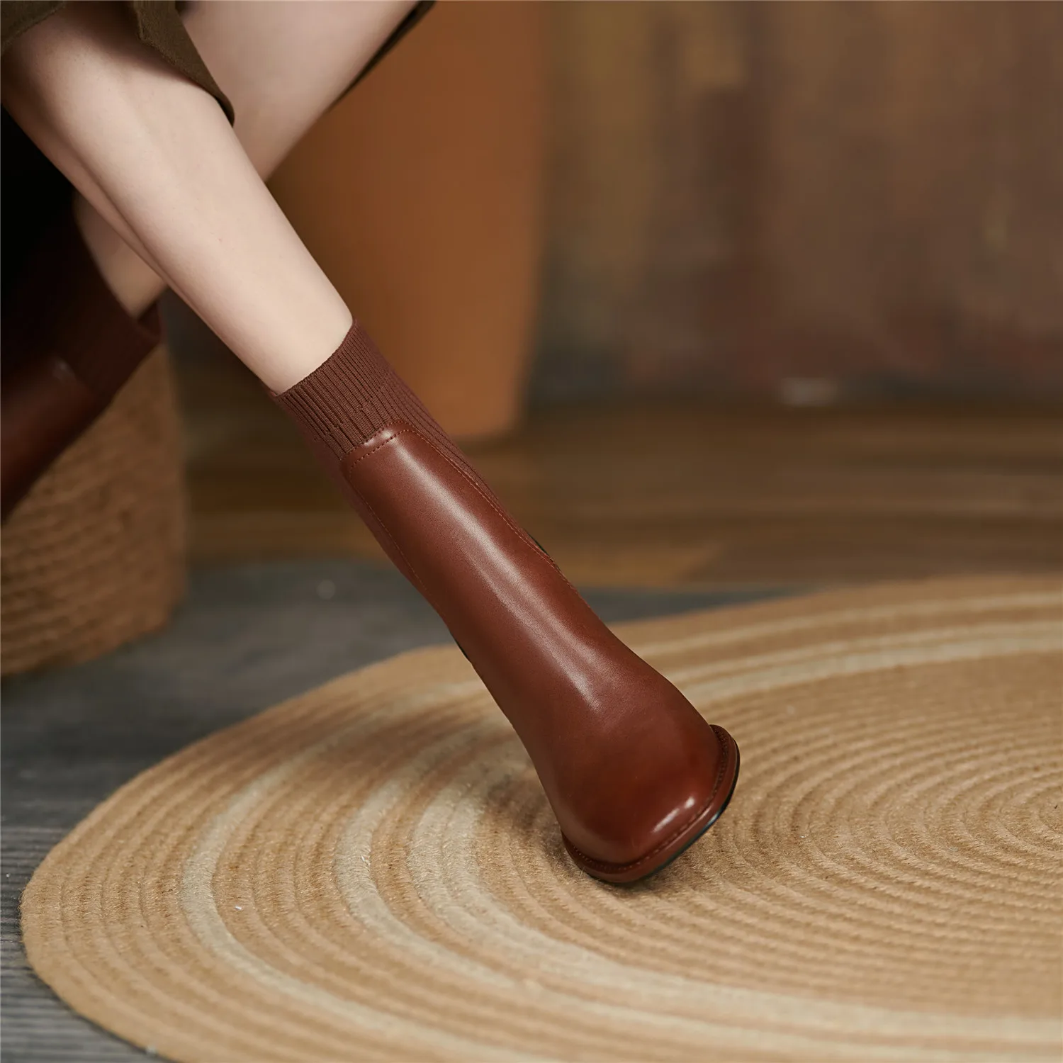Women Ankle Boots Split Cow Leather Chunky High Heel Knitted Wool Slip on Quality Designer Spring Fall Sock Boots Big Size 42