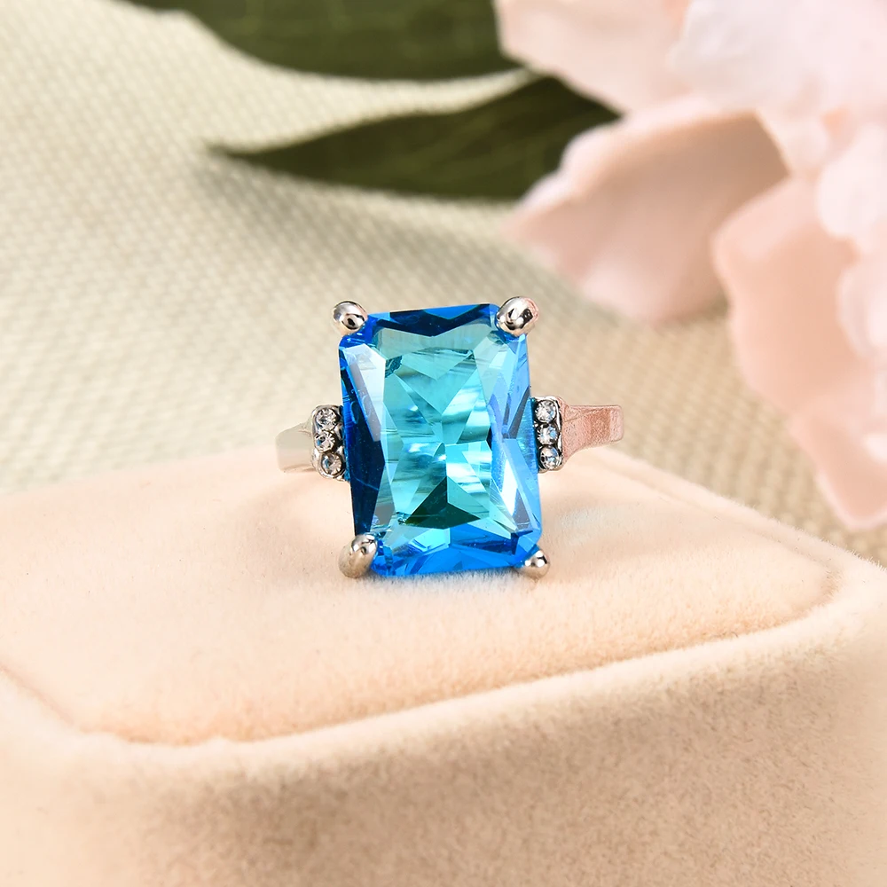 Новая мода Элегантный большой морской синий кристалл горного хрусталя кольцо для женщин леди свадебные вечерние кольца ювелирные изделия
