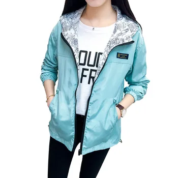 

Spring Autumn Fashion women Bomber womens Jacket Pocket Zipper Hooded Two Side Wear Outwear Loose Plus Size Windbreaker OK557