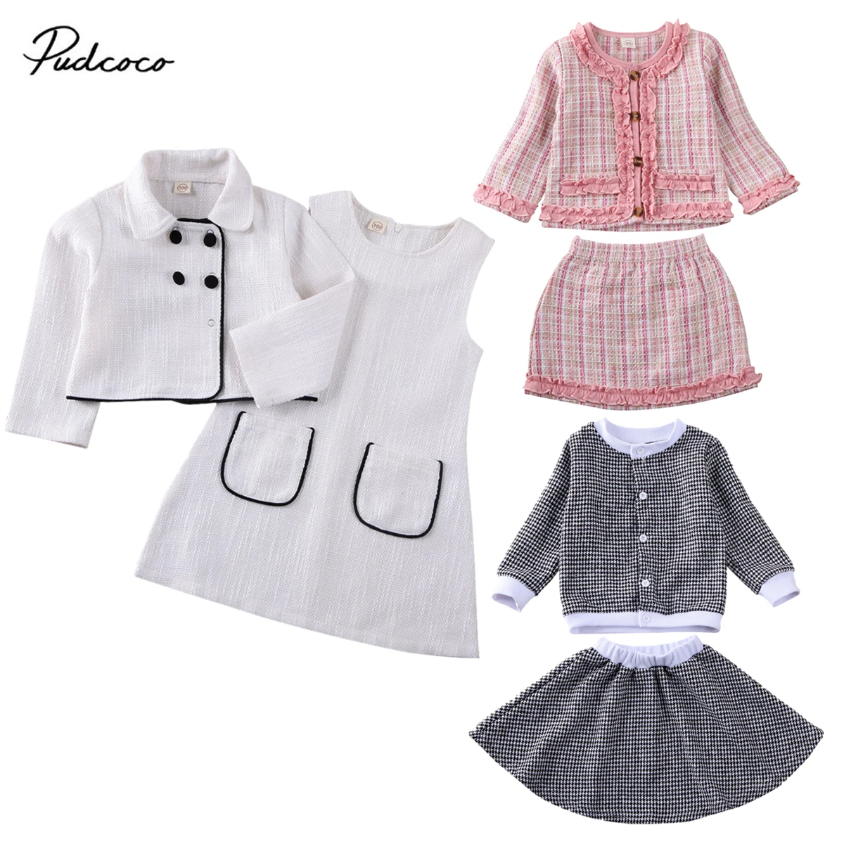 

Pudcoco 1-6Y Infant Kids Baby Girl Children Clothes Sets Formal Party Birthday Winter Outfits Plaid Coat Tops+A Line Skirts Gift