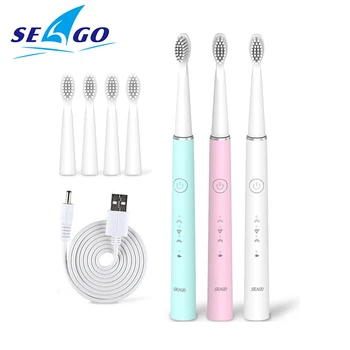 

Seago Sonic Electric Toothbrush USB Rechargeable Tooth Brush for women and men with 3 soft Brush heads Gift box