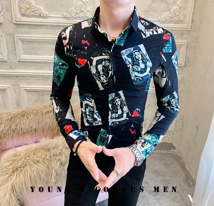 Рубашка для мужчин осень мужские рубашки с длинным рукавом Camisa Повседневное Slim Fit рубашки для мальчиков с принтом с героями из мультфильма уличная мода, вечеринки гавайская рубашка