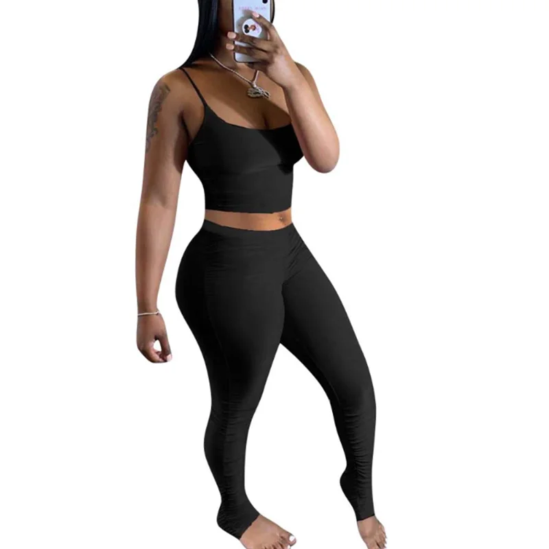 

2020 Fashion New Arrival Ladies Strap Sleeveless Bodycon Bodysuit Stacked Ruched Two Piece Set