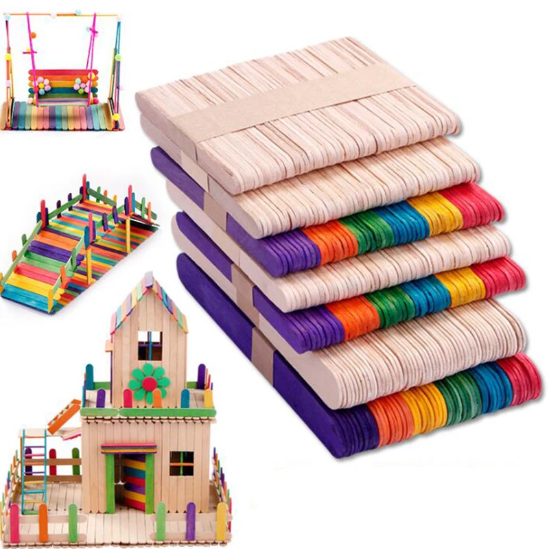 

50pcs Wooden Colorful Popsicle Stick Kids Hand Crafts Art Ice Cream Lolly Cake DIY Making Funny Gift