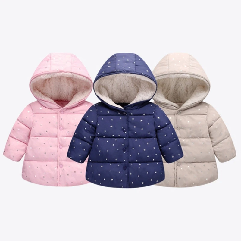 Детское зимнее пальто для маленьких девочек, Верхняя одежда куртка с капюшоном теплые пуховые пальто с хлопковой подкладкой и принтом со звездой модная детская одежда для маленьких девочек