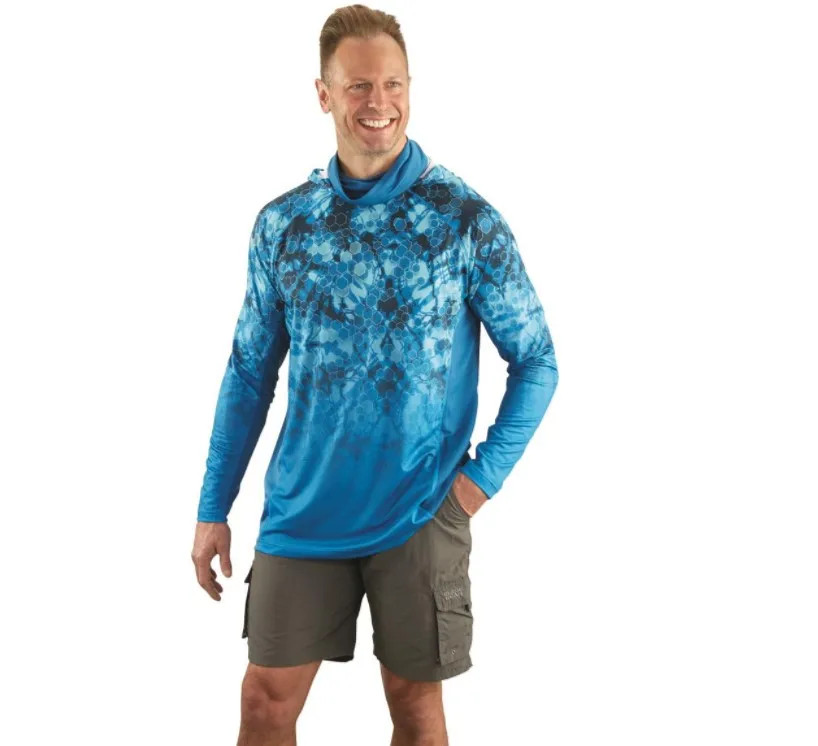 Mens Fishing Hooded Sweatshirt Performance Fishing Shirts With Neck Gaiter UPF 50+ Dry Fit Quick-Dry Sun Protection
