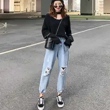 Корейские прямые брюки женские весенние свободные Широкие рваные сетчатые красные старые девять очков синие джинсы бойфренды для женщин