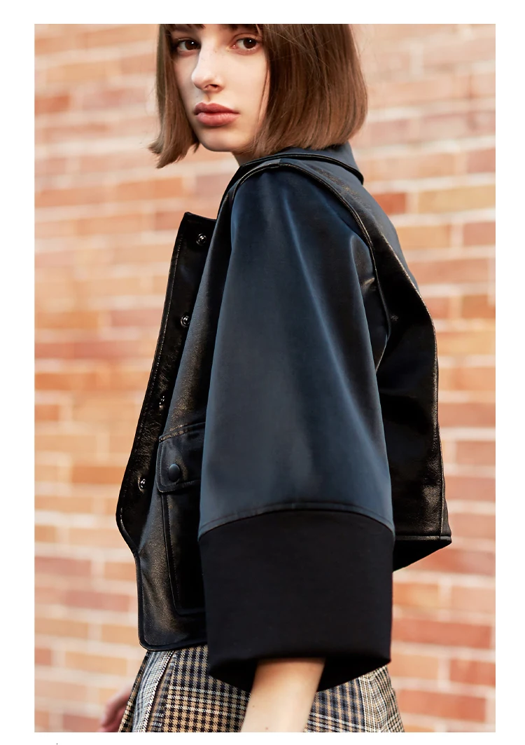 [EAM] Свободная черная Асимметричная куртка из искусственной кожи, Новое Женское пальто с отворотом и длинным рукавом, модное осенне-зимнее пальто 1H079