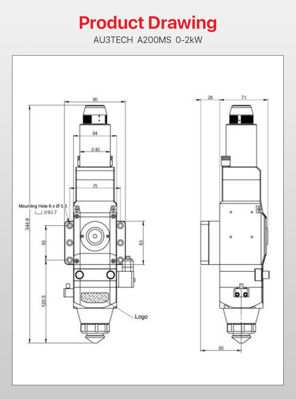 Cloudray AU3TECH Faser Laser Schneiden Kopf A200MS mit D30 Objektiv Gruppe Design Max Power 2kW für Metall Schneiden Faser Maschine – Detail 3