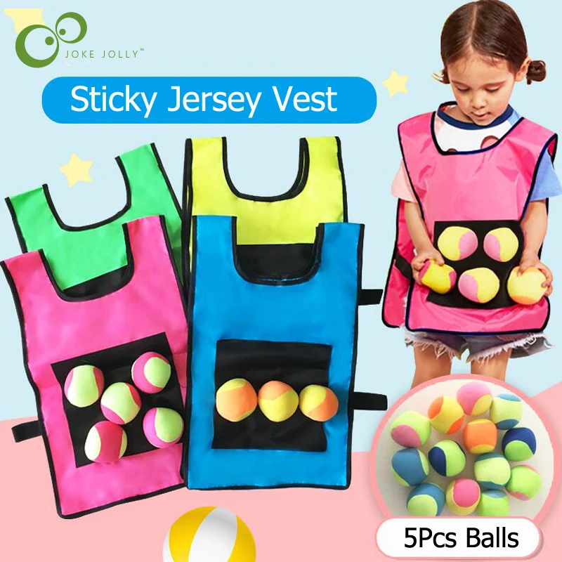 1Set Game Props Vest Sticky Jersey Vest Game Vest Waistcoat With 5 Sticky Ball Throwing Children Kids Outdoor Fun Sports Toy GYH