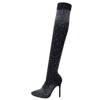 

boots women Socks Knee high boots high heel women's rhinestone pointed toe knee boots women thigh high boots