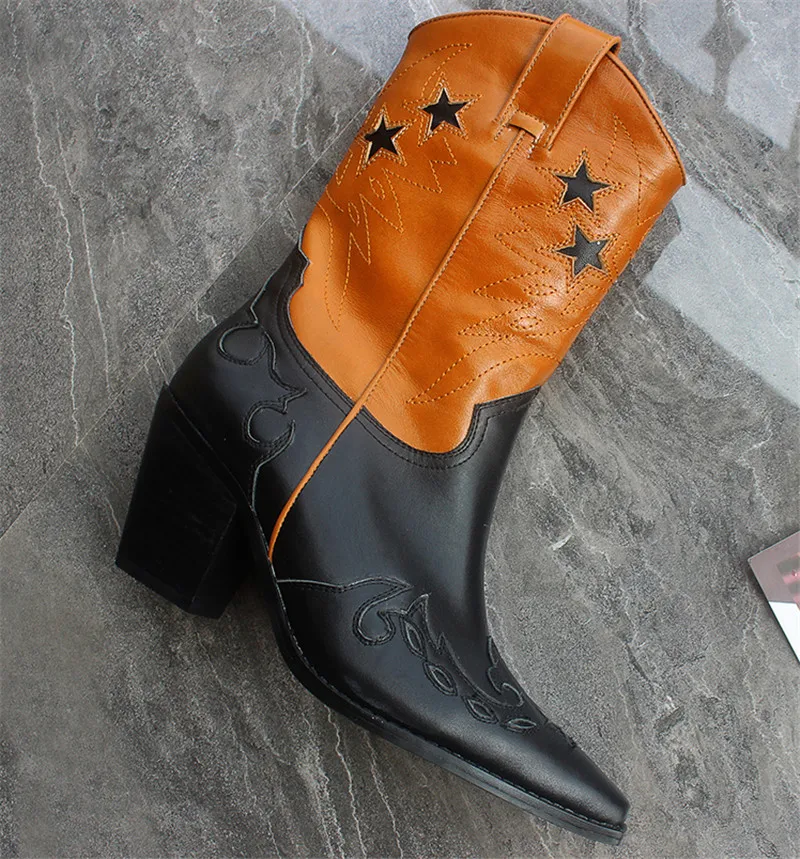 Mixed Color Patchwork Boots Women Sewing Star Catwalk Mid-Calf Boots Fashion Pointed Toe Flame Cut Western Booties Botas
