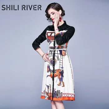 

2020 new spring autumn fashion designer shirt dress for women long sleeves slim casual print elegant gorgeous dresses belt white