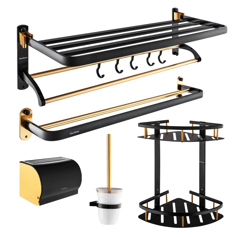 

King Bathroom Hook Unit Five-Piece Towel Rack Toilet Brush Double Layer Triangle Basket Tissue Box Towel Rack Manufacturers Whol