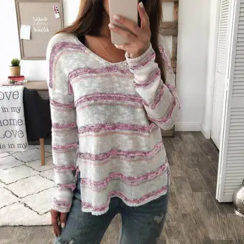 

Women Autumn Fashion Striped Loose Knitted Sweater Casual V-neck Long Sleeve Oversize Knitted Pullover Split Top