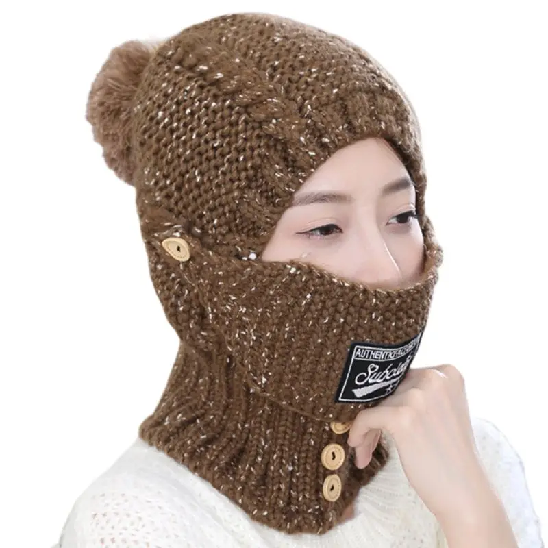 Coffee Autumn Winter Knit Point Wool Hat Mask Warm Thick Knight Head Scarf Collar Cap - Цвет: Coffee