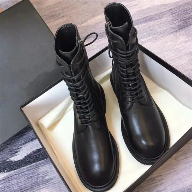 Leather Boots Autumn Winter Ankle Boots Round Toe Women Shoes Lace Up Boots Female Shoes Zip Black Med Heel Martin Short Boots