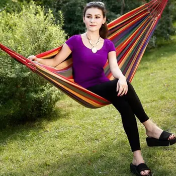 

Two Persons Striped Hammock Outdoor Leisure Bed Thickened Canvas Hanging Bed Sleeping Swing Hammock