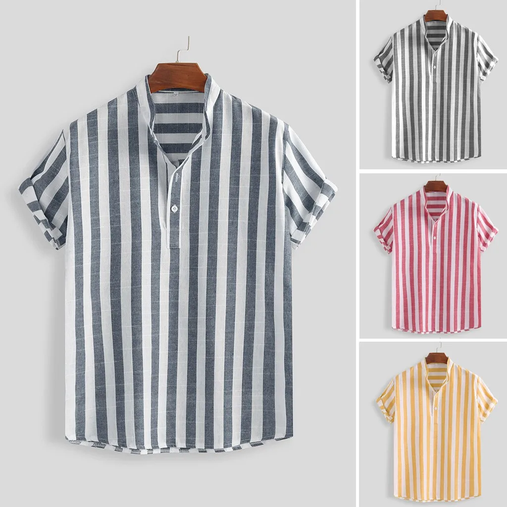 Mens Striped Cotton Linen Stand Collar Loose Short Sleeve Casual Buttons Shirt Men Shirt Men's Shorts Sleeve Slim Fit*3 Mens Striped Cotton Linen Stand Collar Loose Short Sleeve Casual Buttons Shirt Men Shirt Men's Shorts Sleeve Slim Fit*3