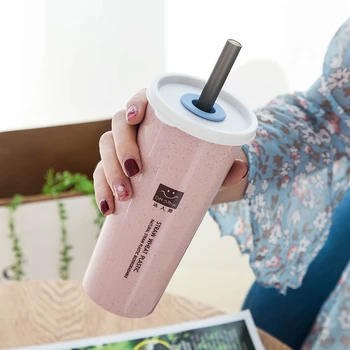 

470ml Wheat Straw Water Cup Plastic Portable Cups with Straw Double Lid Coffee Cups Office Home Drinking Cup