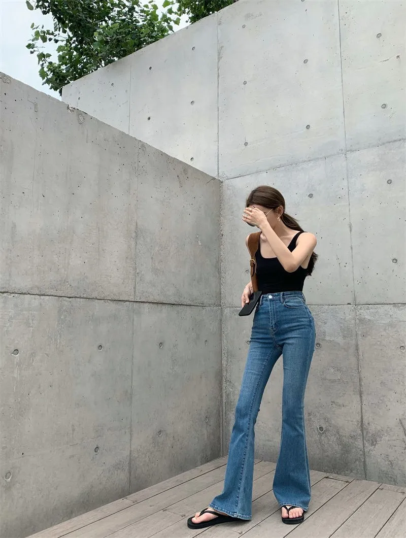 leather pants Vintage Slim Flare Jeans For Women Summer Autumn Streetwear Long Denim Pants Ladies Chic Boot Cut Jeans Fishtail Denim Trousers denim