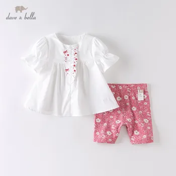 

DBJ13461 dave bella summer baby girls fashion floral embroidery print ruched clothing sets kids cute sets children 2 pcs suit