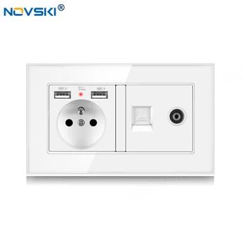 

146 EU Standard DIY Socket Double Frame, French Outlets 2 Frame, 2.1A Dual USB Charger, Data Socket German Bayer Base, White