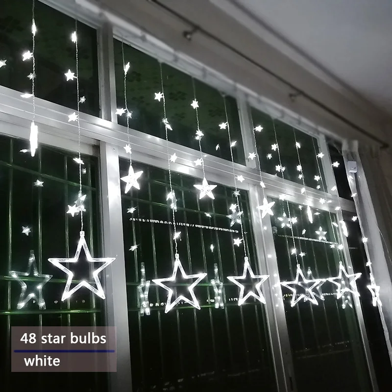 LED String Lights Pentagram Star Curtain Lights Fairy Wedding Birthday Christmas Lighting Indoor Decoration Light Remote control - Испускаемый цвет: White 48star