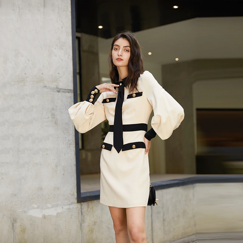[EAM] Women Apricot Button Split Temperament Dress